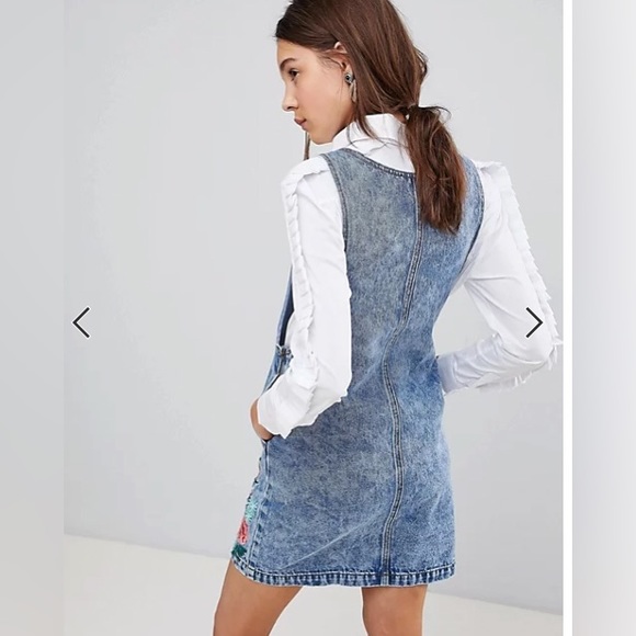 Glamorous Mini Pinafore Dress With Floral Embroidery In Denim - Picture 3 of 7